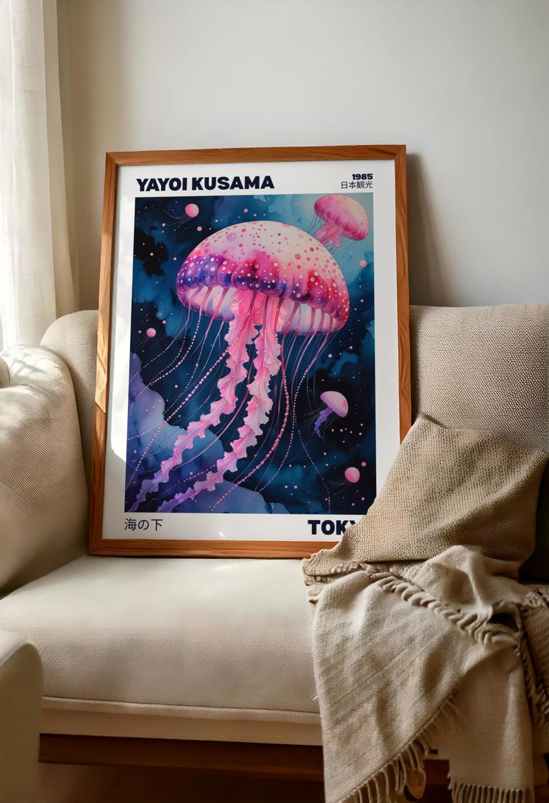 Yayoi Kusama jellyfish poster | Japanese wall art print | Japanese poster | Japanese living room decor | jellyfish poster art jellyfish gift
This Yayoi Kusama jellyfish poster is a stunning addition to any Japanese-themed living room decor. The bright and intense colors of the giclée print will bring life to your walls, offering a unique and artistic vibe. Perfect for art lovers and those who appreciate Japanese culture. Ideal for special occasions, celebrations, and holidays.