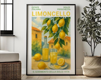 Limoncello Print: Vibrant Lemon Bar Cart Wall Art | Italian Kitchen Decor | Fresh Citrus Cocktail Poster | Limoncello gift poster