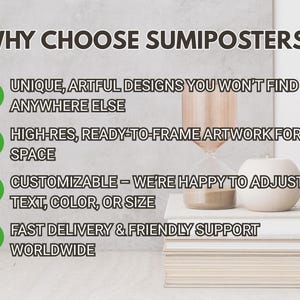 May include: Image with text: "WHY CHOOSE SUMIPOSTERS?" lists unique designs, high-res artwork, customizable options, and fast delivery. A decorative hourglass and a white sphere sit atop a stack of books.