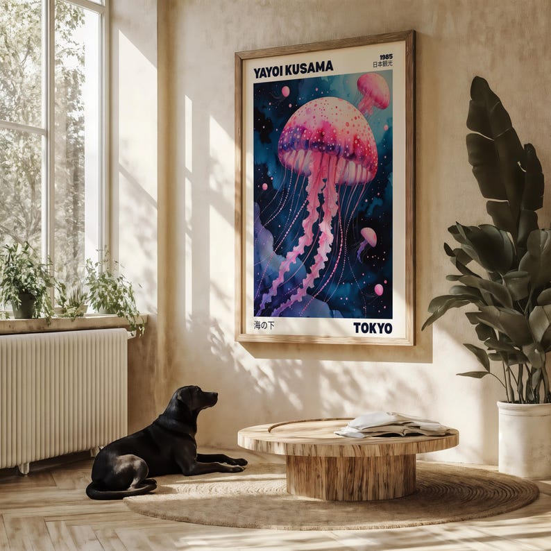 Yayoi Kusama jellyfish poster | Japanese wall art print | Japanese poster | Japanese living room decor | jellyfish poster art jellyfish gift
This Yayoi Kusama jellyfish poster is a stunning addition to any Japanese-themed living room decor. The bright and intense colors of the giclée print will bring life to your walls, offering a unique and artistic vibe. Perfect for art lovers and those who appreciate Japanese culture. Ideal for special occasions, celebrations, and holidays.