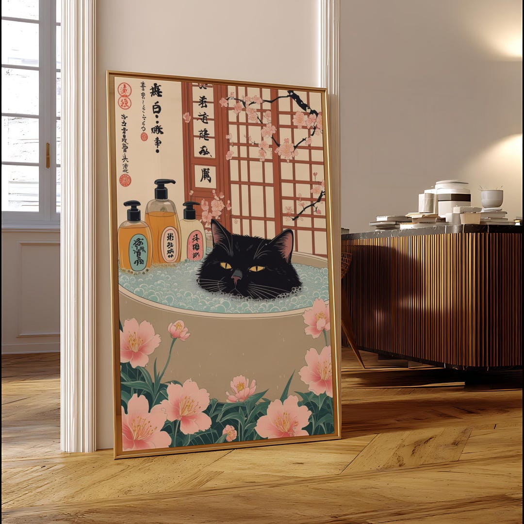 Black Cat in Bathtub Poster: Japanese Vintage Bathroom Art - Etsy