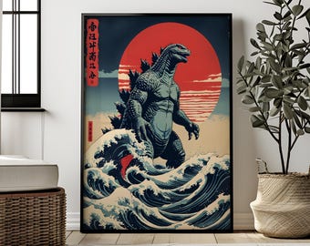 May include: A framed art print featuring a Godzilla-like creature emerging from ocean waves, set against a red sun. The artwork is in a Japanese Ukiyo-e style, with a color palette of blues, reds, and beige.