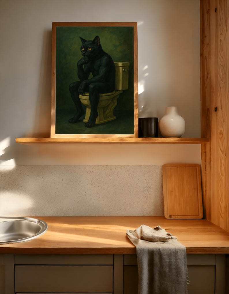 Whimsical Cat on Toilet Poster: Funny Bathroom Art Print - Etsy