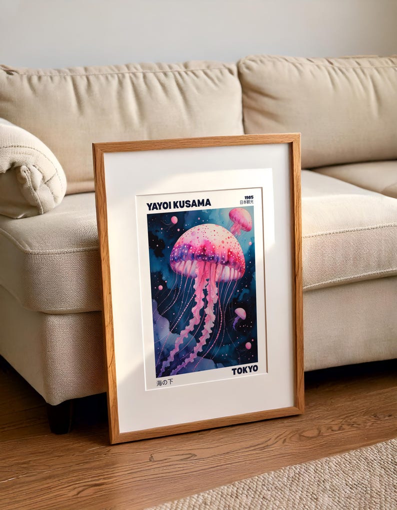 Yayoi Kusama jellyfish poster | Japanese wall art print | Japanese poster | Japanese living room decor | jellyfish poster art jellyfish gift
This Yayoi Kusama jellyfish poster is a stunning addition to any Japanese-themed living room decor. The bright and intense colors of the giclée print will bring life to your walls, offering a unique and artistic vibe. Perfect for art lovers and those who appreciate Japanese culture. Ideal for special occasions, celebrations, and holidays.