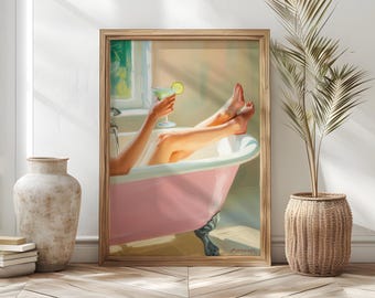 Pink Clawfoot Bathtub Art Poster Print | Glam Self Care Bathroom Decor | Martini Glasses Poster | Feminine Martini Wall Art | Bathroom Glam