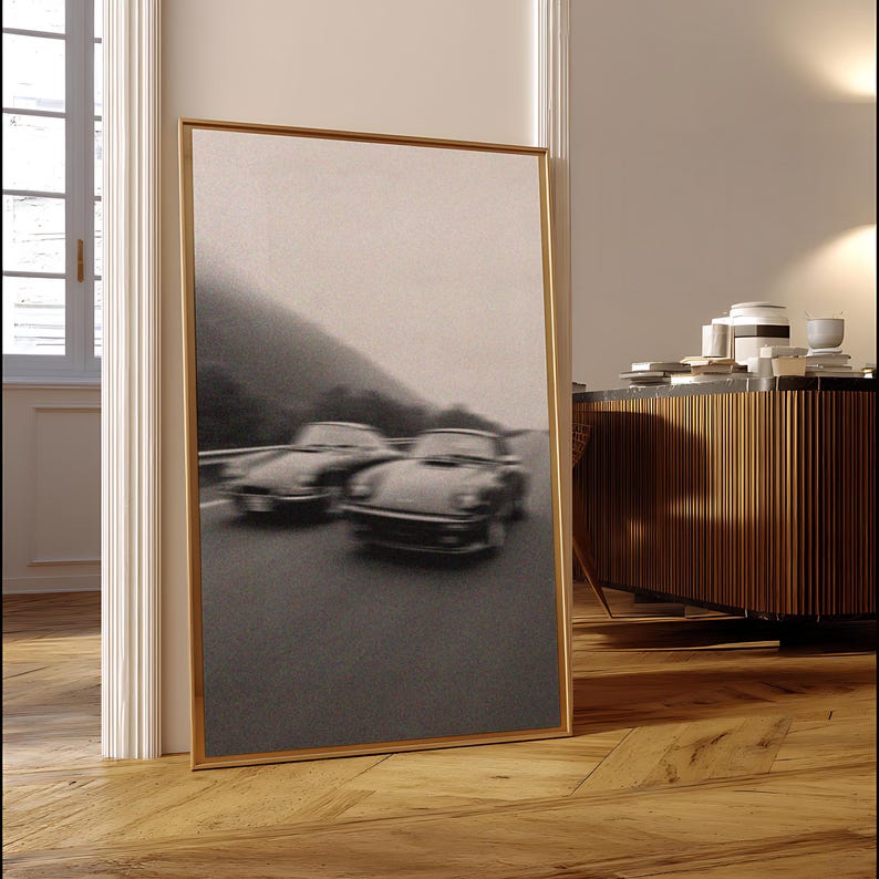 Vintage Porsche 911 racing wall art print for car enthusiasts, ideal for man cave decor, classic motorsport memorabilia, retro auto poster, garage decoration gift, nostalgic racecar illustration, luxury sports car artwork, collectible gift for Porsche lovers, fine art for racing fans, automotive wall decor for vintage car collectors.
