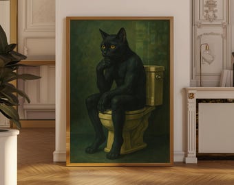 Whimsical Cat on Toilet Poster: Funny Bathroom Art Print