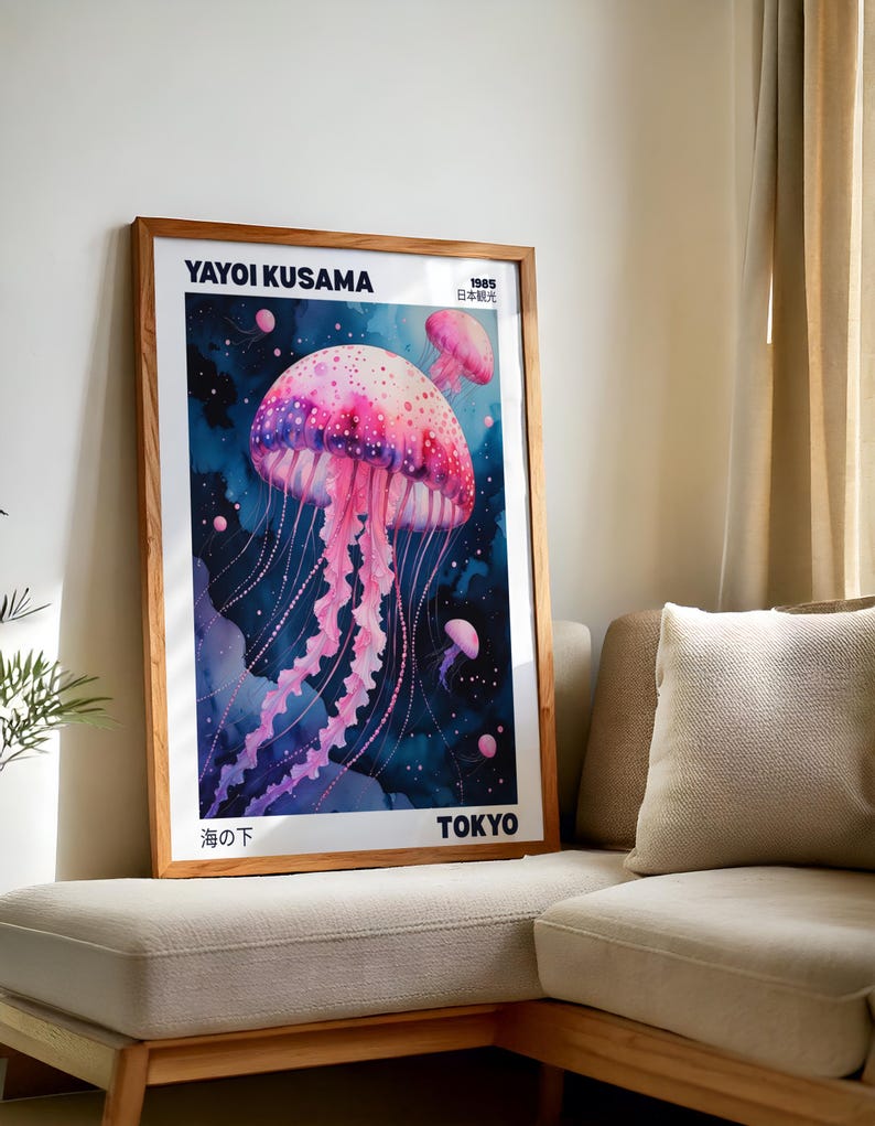 Yayoi Kusama jellyfish poster | Japanese wall art print | Japanese poster | Japanese living room decor | jellyfish poster art jellyfish gift
This Yayoi Kusama jellyfish poster is a stunning addition to any Japanese-themed living room decor. The bright and intense colors of the giclée print will bring life to your walls, offering a unique and artistic vibe. Perfect for art lovers and those who appreciate Japanese culture. Ideal for special occasions, celebrations, and holidays.