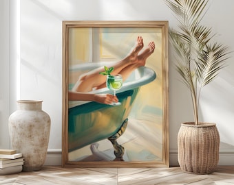 Green Clawfoot Bathtub Art Poster Print | Glam Self Care Bathroom Decor | martini glasses poster | martini wall art print | Bathroom Art