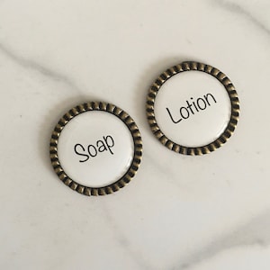 soap and lotion dispenser adhesive label tags | built in sink dispenser tags | soap and lotion labels | bronze tags| kitchen soap dispenser