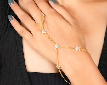 Marquise Moissanite Flower Hand Harness | 18K Gold Plated Hathphool | Gift for Women