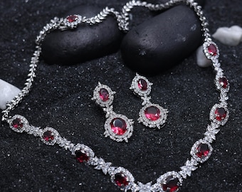 Conjunto de joyería nupcial con rubí creado en laboratorio, collar y aretes chapados en oro blanco, rubí rojo ovalado, regalo de boda para ella.