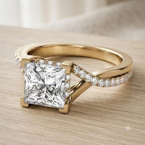 Förlovningsring med prinsessslipad moissanit, ring med split shank i 925 sterlingsilver, bröllopssmycken