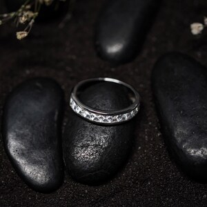 Princess Cut Moissanite Wedding Band: Sterling Silver Channel Set