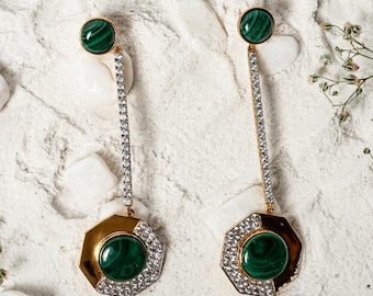 Malachite Drop Earrings Gold Plated Sterling Silver with Moissanite Crystals
