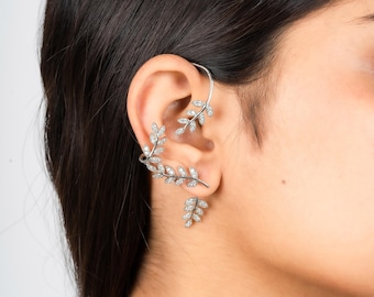 Moissanite Leaf Vine Ear Climber: Sterling Silver Wrap Ear Cuff
