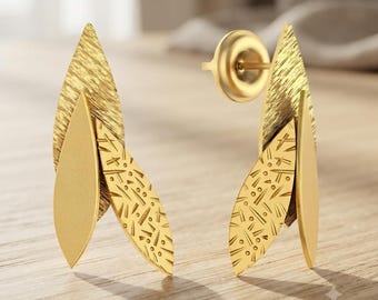 Textured Botanical Leaf Drop Earrings in 18K Gold Vermeil | Dainty Everyday Jewelry