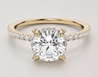 Round Cut Moissanite Ring, 925 Sterling Silver Hidden Halo Ring, Promise Ring for Women