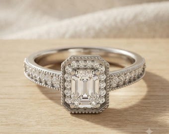 Emerald Cut Moissanite Halo Engagement Ring, Vintage Milgrain 925 Silver Wedding Ring