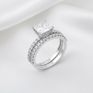 Princess Cut Moissanite Ring: White Gold Plated,  Sterling 925 Silver, Stackable Wedding Band