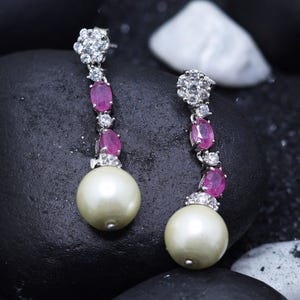 Ruby Pearl Drop Earrings, Elegant Silver Finish Bridal Earrings, Oval Ruby Stones with Pearl Drop, Party & Wedding Jewellery Gift for Her