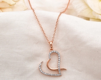 Rose Gold Plated Sterling Silver Moissanite Heart Pendant Necklace