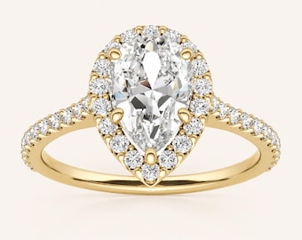 Pear Moissanite Halo Ring, Promise Ring for Women, 925 Sterling Silver Gold Plated Ring