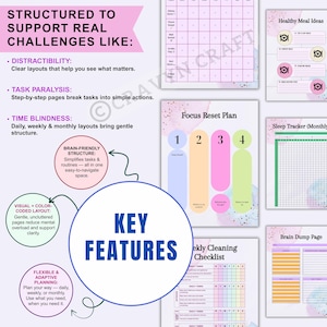 Peut inclure: Un agenda avec des pages roses et violettes, comprenant des sections pour les t&acirc;ches quotidiennes, les id&eacute;es de repas et le suivi du sommeil. Le design comprend le texte "Structured to Support Real Challenges Like" et "Key Features."