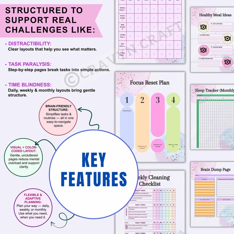 Peut inclure: Un agenda avec des pages roses et violettes, comprenant des sections pour les t&acirc;ches quotidiennes, les id&eacute;es de repas et le suivi du sommeil. Le design comprend le texte "Structured to Support Real Challenges Like" et "Key Features."