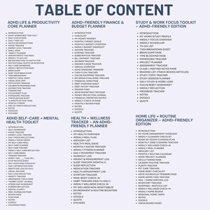 Peut inclure: Une page de planificateur num&eacute;rique intitul&eacute;e &laquo;&nbsp;Table des mati&egrave;res&nbsp;&raquo; avec des sections pour la vie, les finances, les &eacute;tudes et l'organisation de la maison pour les personnes atteintes de TDAH. Chaque section r&eacute;pertorie divers outils de suivi et de planification.