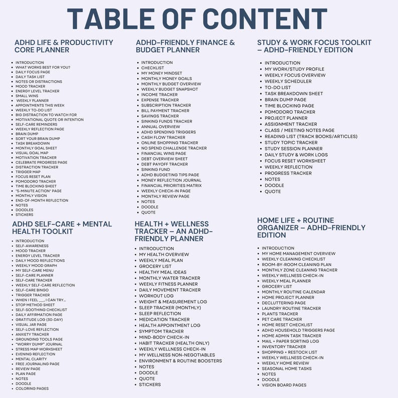 Peut inclure: Une page de planificateur num&eacute;rique intitul&eacute;e &laquo;&nbsp;Table des mati&egrave;res&nbsp;&raquo; avec des sections pour la vie, les finances, les &eacute;tudes et l'organisation de la maison pour les personnes atteintes de TDAH. Chaque section r&eacute;pertorie divers outils de suivi et de planification.