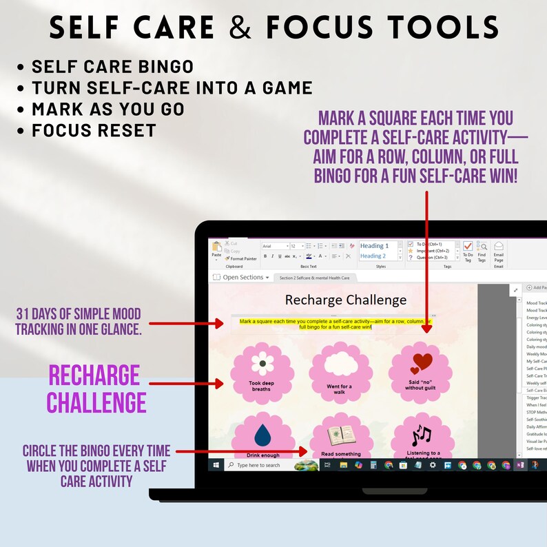 May include: A laptop screen displays a "Recharge Challenge" self-care bingo game. The screen shows a bingo card with various self-care activities like "Took deep breaths" and "Read something." Text at the top reads "Self Care & Focus Tools."
