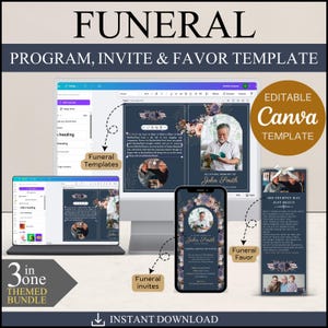 Pack de 3 modèles de programme de funérailles | de avis nécrologie, cartes de funérailles, invitations et cadeaux d'invités | Carte de sympathie à imprimer