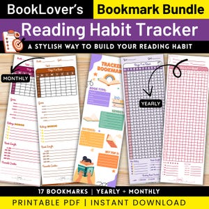 May include: A collection of reading habit tracker bookmarks, featuring the text "BookLover's Bookmark Bundle" and "Reading Habit Tracker". These bookmarks are designed for tracking reading habits on a monthly and yearly basis. The bundle includes 17 bookmarks.