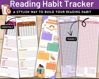 Reading Habit Tracker Bookmark Bundle 3 in One for Book Lovers - Book Bullet Journal - Yearly, Monthly, double-sided Bookmark with Templates