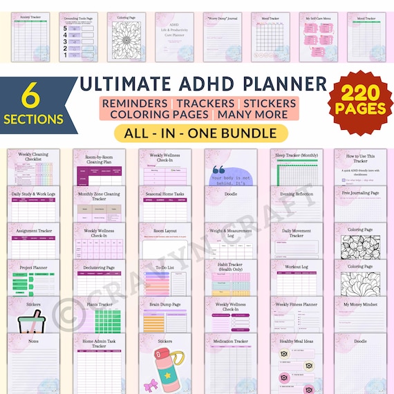 All In One Mega ADHD Planner For Adults - ADHD Brain Dump, Mental Health, Financial, Routine Organizer, and Work Focus Trackers & Many More