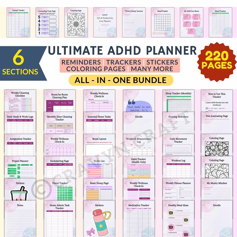 Peut inclure: Un planificateur de 220 pages, avec des sections pour les rappels, les trackers, les autocollants et les pages &agrave; colorier. La couverture comprend le texte "ULTIMATE ADHD PLANNER" et "ALL-IN-ONE BUNDLE". Pages avec des listes de contr&ocirc;le, des trackers et des invites de journal.