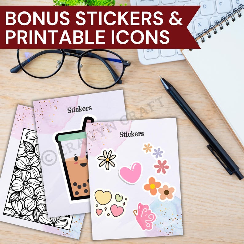 Peut inclure: Vue a&eacute;rienne d'autocollants et d'ic&ocirc;nes imprimables. Les autocollants pr&eacute;sentent divers motifs, dont un bubble tea, des fleurs, des c&oelig;urs et un papillon. Le texte "BONUS STICKERS & PRINTABLE ICONS" est visible en haut.