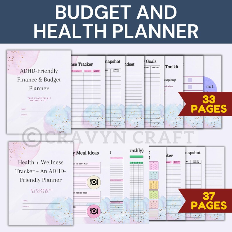 Peut inclure: Planificateur de budget et de sant&eacute; adapt&eacute; aux personnes atteintes de TDAH. Le planificateur comprend 33 et 37 pages, avec des sections pour le suivi des d&eacute;penses, des objectifs et des id&eacute;es de repas. La couverture pr&eacute;sente des motifs aquarelles.