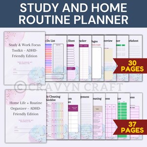 Peut inclure: Un kit de planification avec le texte "Study and Home Routine Planner". Le kit comprend un "Study & Work Focus Toolkit" et un "Home Life + Routine Organizer". Les pages sont con&ccedil;ues avec des accents color&eacute;s et incluent une "Do List" et une "Cleaning Checklist".