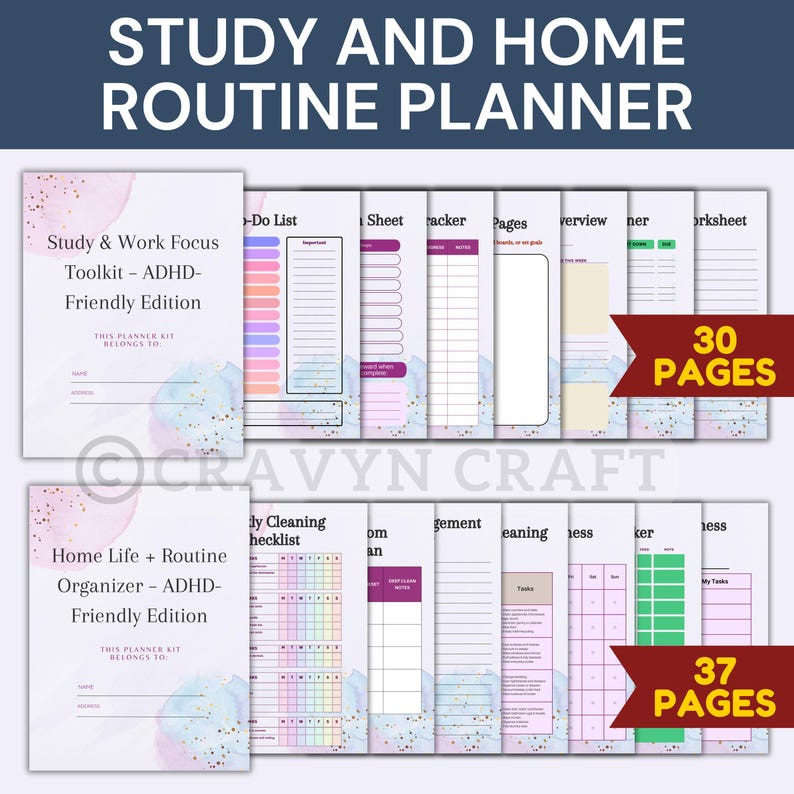Peut inclure: Un kit de planification avec le texte "Study and Home Routine Planner". Le kit comprend un "Study & Work Focus Toolkit" et un "Home Life + Routine Organizer". Les pages sont con&ccedil;ues avec des accents color&eacute;s et incluent une "Do List" et une "Cleaning Checklist".