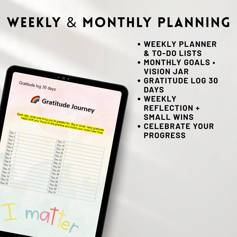 May include: A digital planner on a tablet with the text "Weekly & Monthly Planning." The screen displays a "Gratitude Journey" template with space for daily entries. Additional text includes "Weekly Planner," "Monthly Goals," and "Celebrate Your Progress."