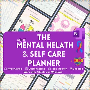 May include: A digital planner with a purple background, featuring the text "THE MENTAL HEALTH & SELF CARE PLANNER" and the word "ADHD". The planner is hyperlinked, customizable, and includes a task tracker. It works with tablets and Windows.