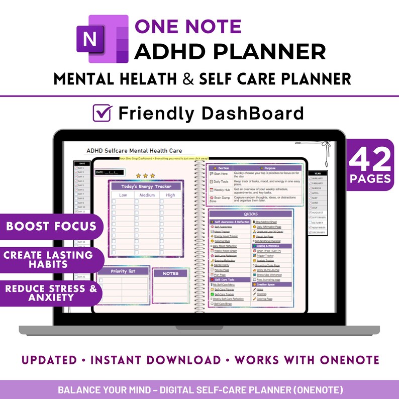 May include: A digital ADHD planner displayed on a laptop screen. The planner features sections for mental health, self-care, and energy tracking. Text includes "Boost Focus," "Create Lasting Habits," and "Reduce Stress & Anxiety." The planner has 42 pages.
