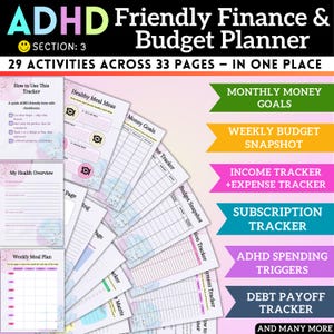 Puede incluir: Planificador de finanzas y presupuesto para TDAH con 29 actividades en 33 páginas. El planificador incluye secciones para objetivos de dinero mensuales, instantáneas presupuestarias semanales, seguimiento de ingresos y gastos y seguimiento de suscripciones.