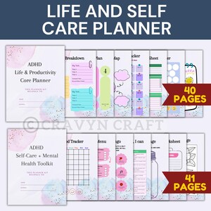 Peut inclure: Un kit de planification avec le texte "LIFE AND SELF CARE PLANNER" et "ADHD" sur la couverture. Le kit comprend un "Life & Productivity Core Planner" et un "Self-Care + Mental Health Toolkit", avec 40 et 41 pages respectivement. Les pages ont des motifs color&eacute;s.