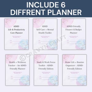 Peut inclure: Six agendas pour personnes atteintes de TDAH avec des motifs aquarelles. Les titres incluent "Vie et productivit&eacute;", "Soins personnels", "Finances et budget", "Sant&eacute; et bien-&ecirc;tre", "Concentration &eacute;tude et travail" et "Organisation de la vie quotidienne".