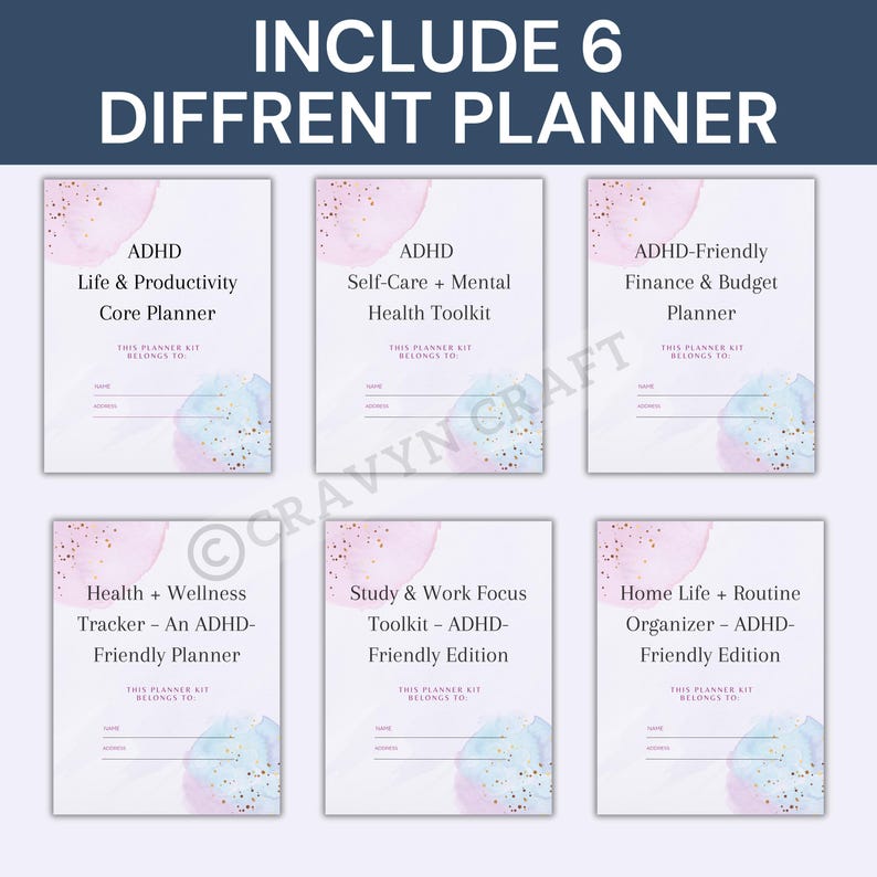 Peut inclure: Six agendas pour personnes atteintes de TDAH avec des motifs aquarelles. Les titres incluent "Vie et productivit&eacute;", "Soins personnels", "Finances et budget", "Sant&eacute; et bien-&ecirc;tre", "Concentration &eacute;tude et travail" et "Organisation de la vie quotidienne".
