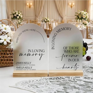 May include: Two arched acrylic memorial signs with wooden bases. The left sign reads WISH YOU WERE HERE, IN LOVING MEMORY, JAMES KELLY, AMELIA KELLY. The right sign reads IN LOVING MEMORY OF THOSE WHO ARE FOREVER IN OUR HEARTS in black lettering.