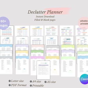 Op de afbeelding: Een digitale declutter planner met meer dan 60 pagina's, direct te downloaden. De planner bevat gevulde en lege pagina's, is bewerkbaar en printbaar en is verkrijgbaar in Letter, A4 en A5 formaten.